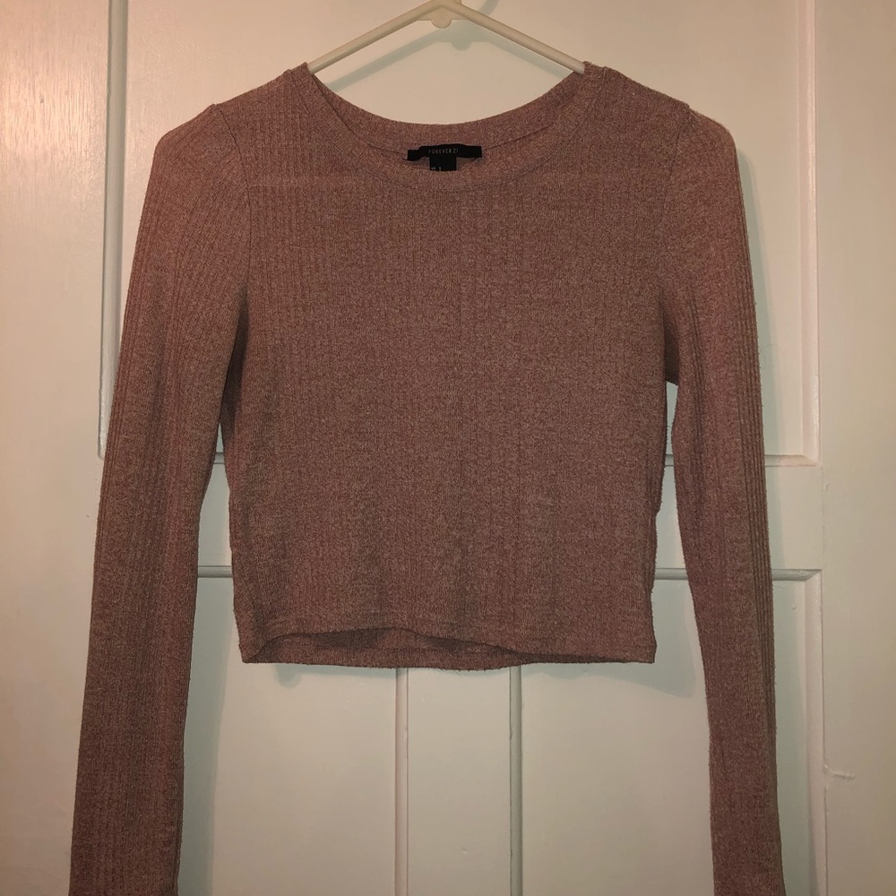 Soft pinkish tan long-sleeve crop top. The material is thin & very form fitting.